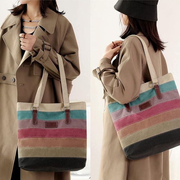 Canvas Multi-Color Striped Lattice Crossbody Shoulder Purse Bag Tote-Handbag NEW - Picture 6 of 7